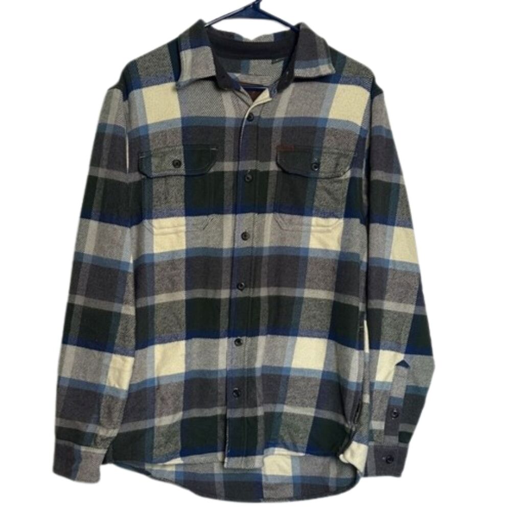 Orvis Button Up Flannel Shacket Shirt Mens Medium Plaid Cotton Outdoors Blue